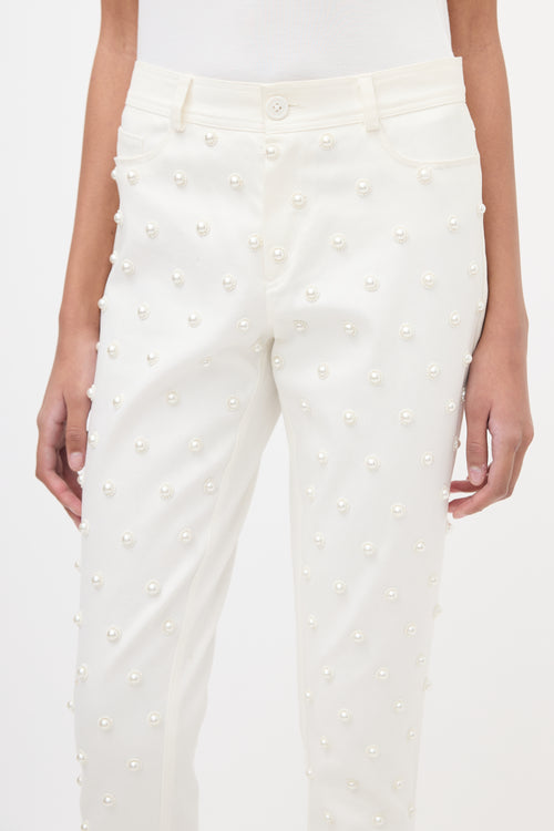 Oscar de la Renta White Faux Pearl Embellished Slim Jeans