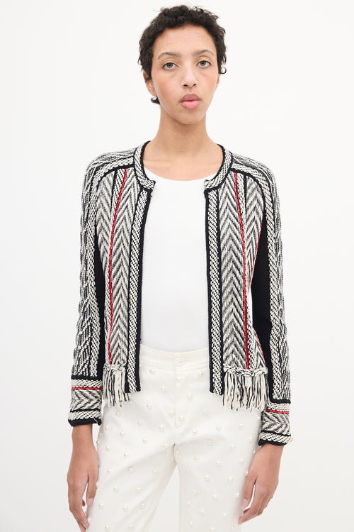 Oscar de la Renta Black & Multi Woven Fringe Cardigan