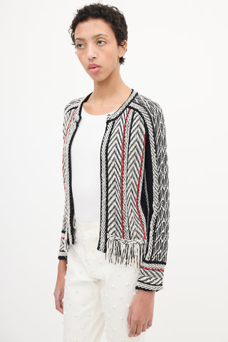 Oscar de la Renta Black & Multi Woven Fringe Cardigan