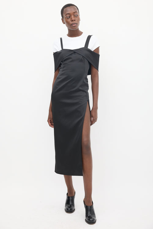 Off-White Black Satin Off The Shoulder Midi Dress