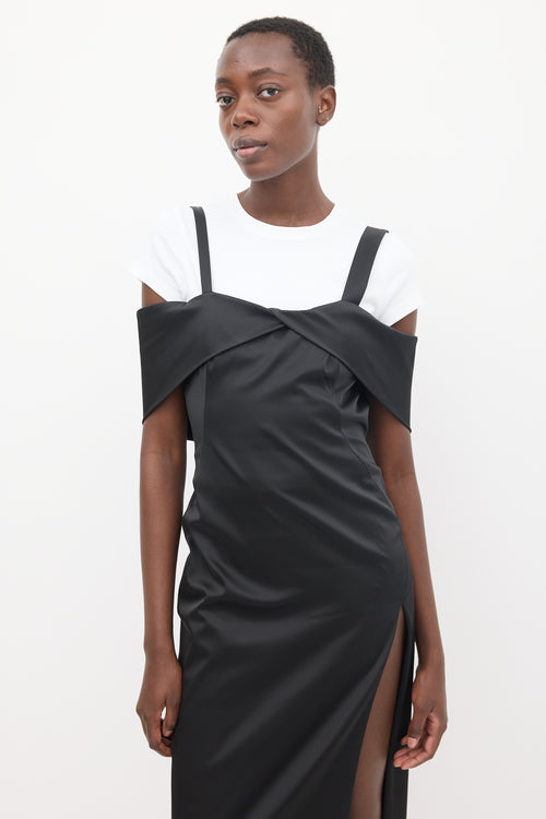 Off-White Black Satin Off The Shoulder Midi Dress