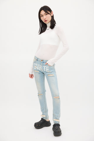 Off-White Blue & White Distressed Logo Jeans