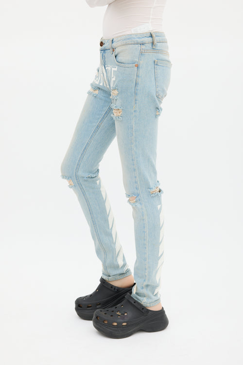 Off-White Blue & White Distressed Logo Jeans
