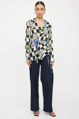 Off-White Gathered Floral Checkered Shirt