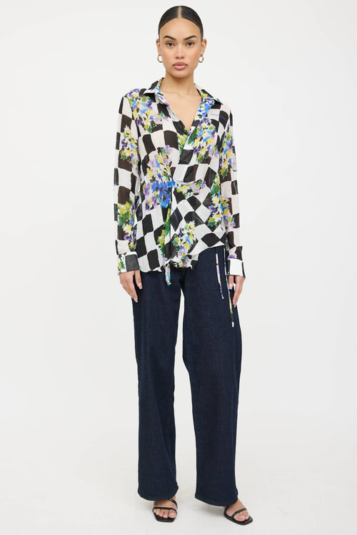 Off-White Gathered Floral Checkered Shirt
