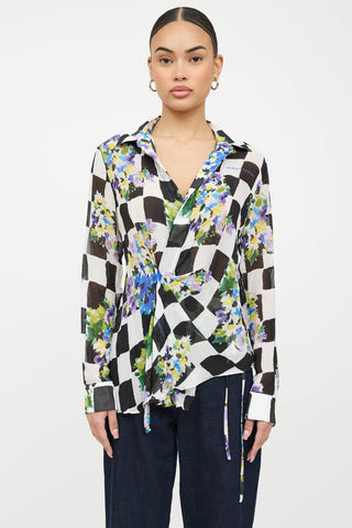 Off-White Gathered Floral Checkered Shirt