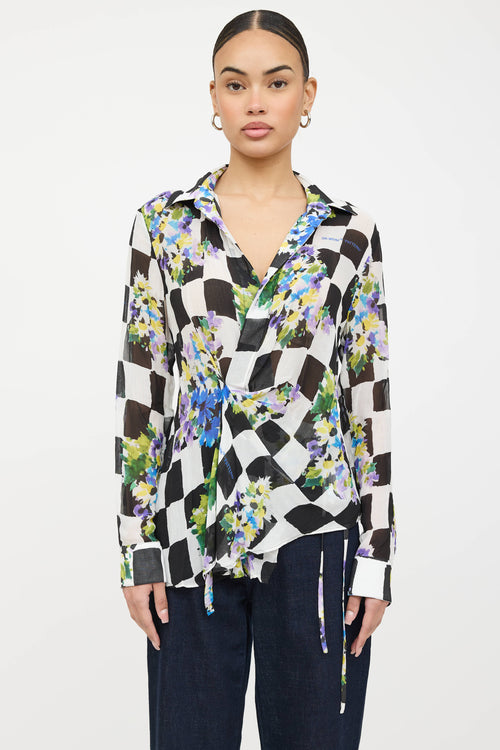 Off-White Gathered Floral Checkered Shirt
