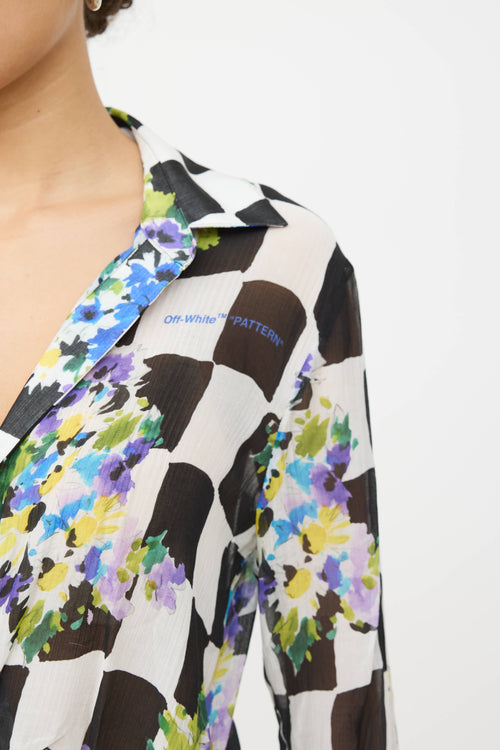 Off-White Gathered Floral Checkered Shirt