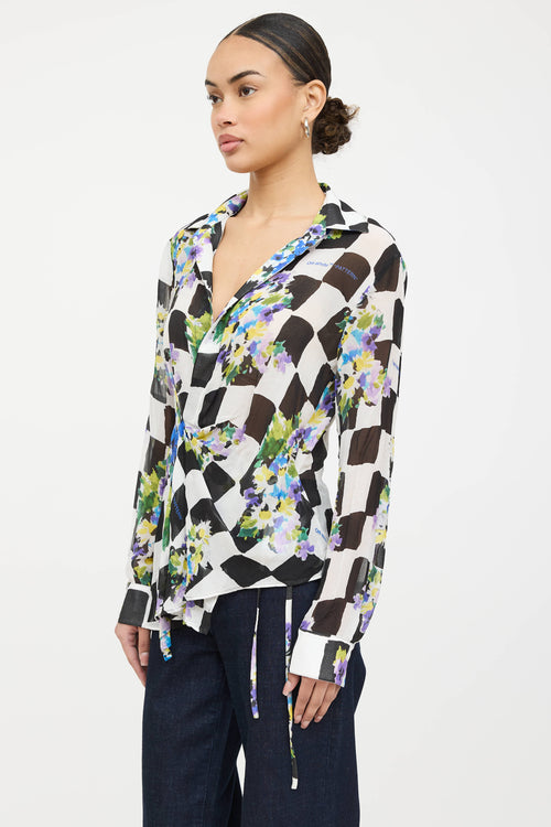 Off-White Gathered Floral Checkered Shirt