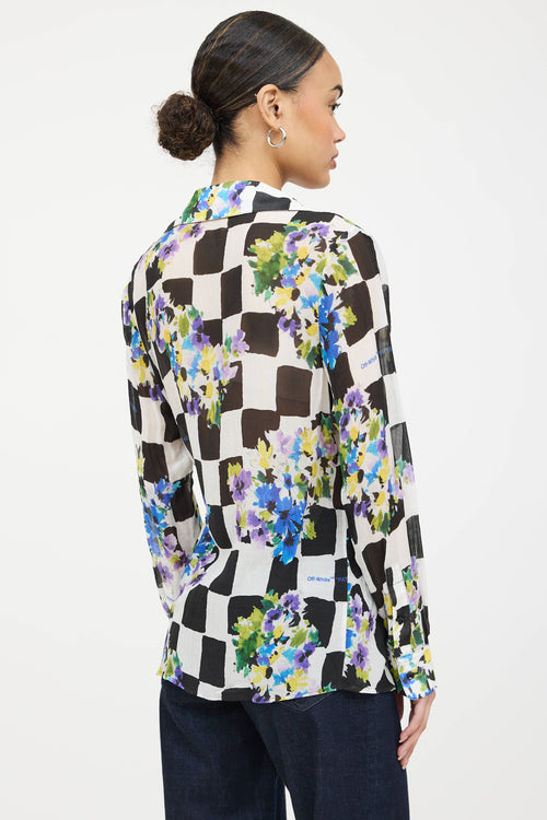 Off-White Gathered Floral Checkered Shirt