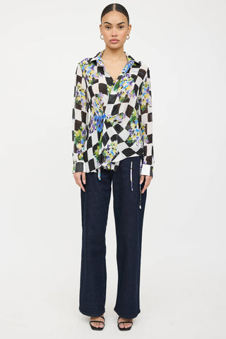 Off-White Gathered Floral Checkered Shirt