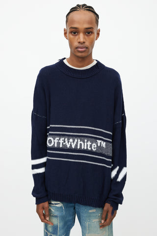 Off-White Navy & White Oversized Distressed Logo Sweater
