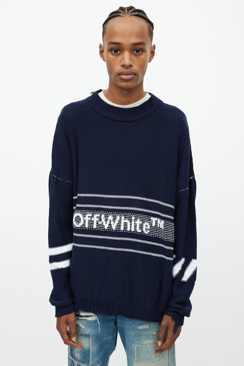 Off-White Navy & White Oversized Distressed Logo Sweater