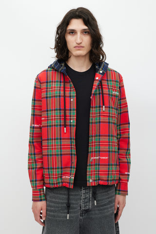 Off-White Red & Multicolour Plaid Hooded Jacket