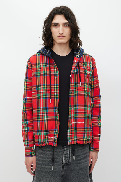 Off-White Red & Multicolour Plaid Hooded Jacket