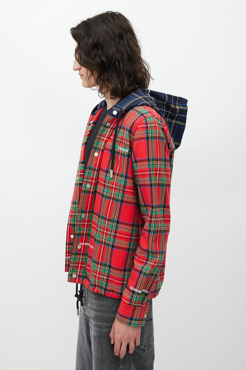 Off-White Red & Multicolour Plaid Hooded Jacket