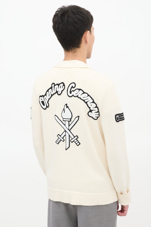 Opening Ceremony Cream & Black Wool Logo Patch Cardigan