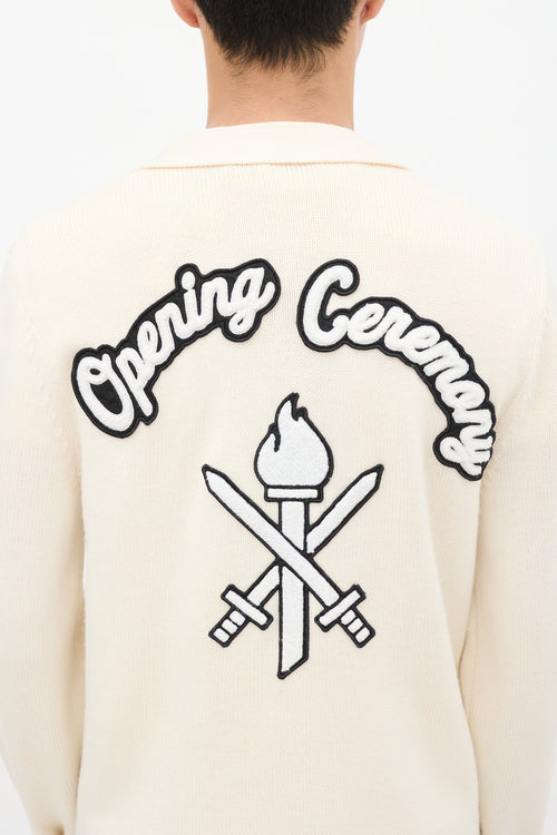 Opening Ceremony Cream & Black Wool Logo Patch Cardigan