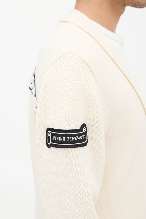 Opening Ceremony Cream & Black Wool Logo Patch Cardigan