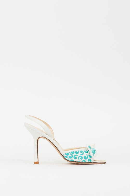 Oscar de la Renta White & Teal Canvas Bow Slingback Heel