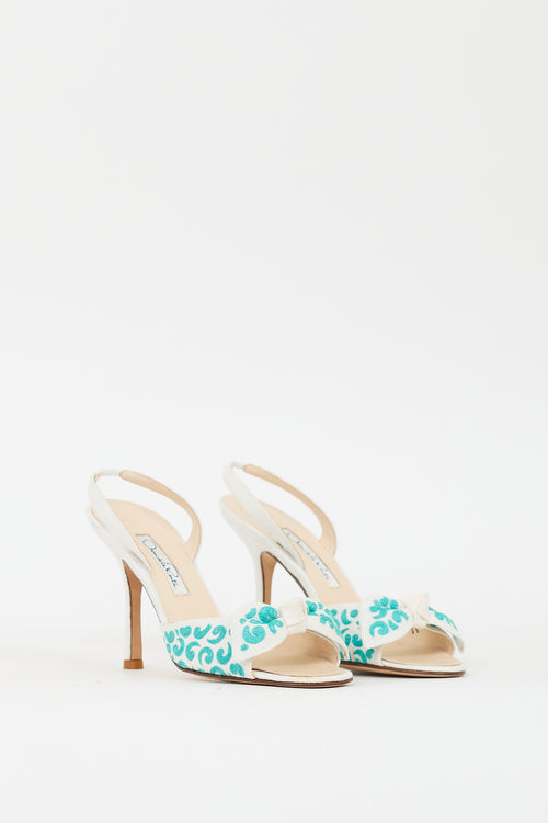 Oscar de la Renta White & Teal Canvas Bow Slingback Heel