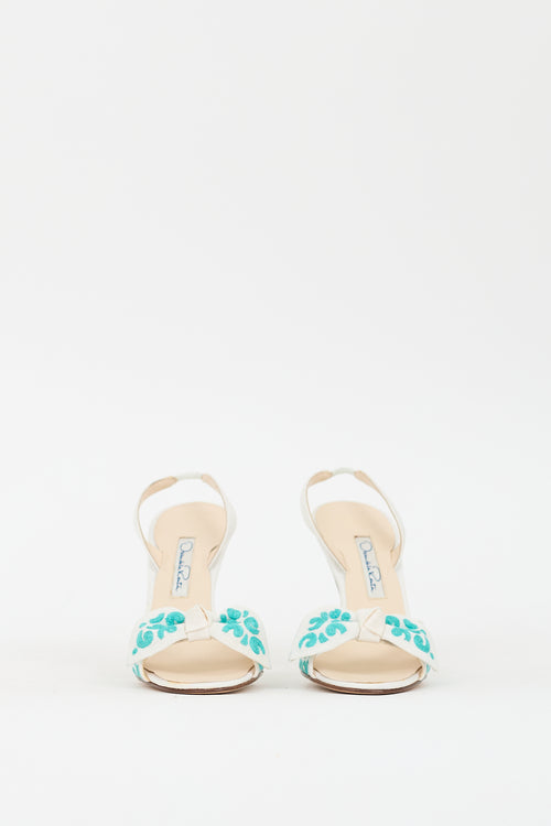 Oscar de la Renta White & Teal Canvas Bow Slingback Heel