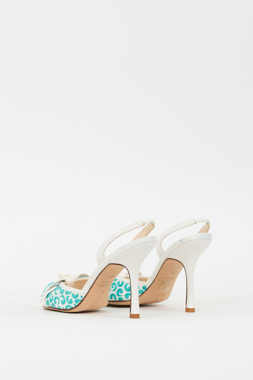 Oscar de la Renta White & Teal Canvas Bow Slingback Heel