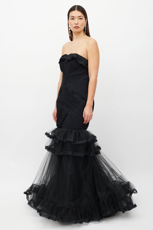 Oscar de la Renta Black Tiered Ruffled Tulle Dress