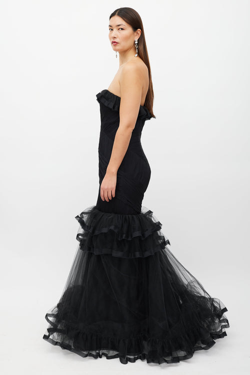 Oscar de la Renta Black Tiered Ruffled Tulle Dress