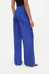 Oscar de la Renta Blue Satin Pleated Wide Leg Trouser