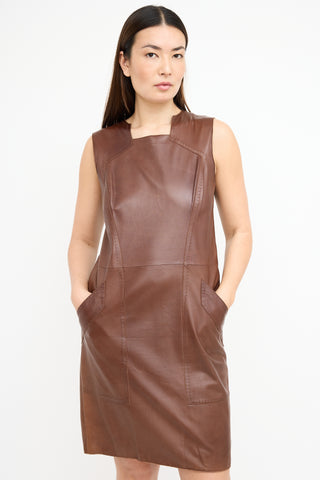 Oscar de la Renta Brown Leather Sheath Dress