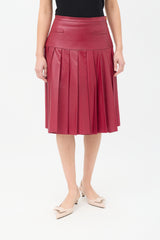 Oscar de la Renta Burgundy Leather Pleated Drop Waist Midi Skirt