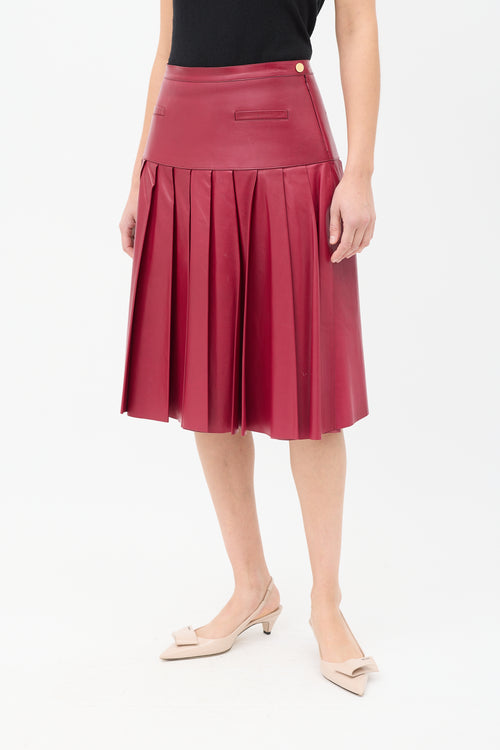 Oscar de la Renta Burgundy Leather Pleated Drop Waist Midi Skirt