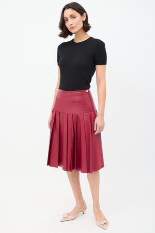 Oscar de la Renta Burgundy Leather Pleated Drop Waist Midi Skirt