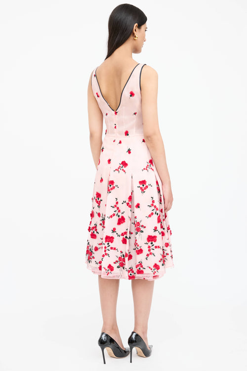 Oscar de la Renta Floral Embroidered Pleated Dress