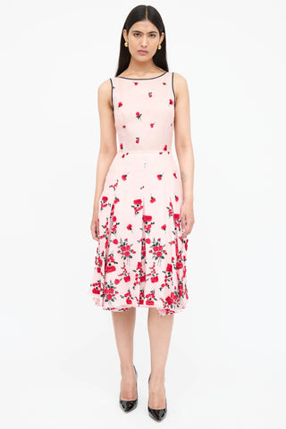 Oscar de la Renta Floral Embroidered Pleated Dress