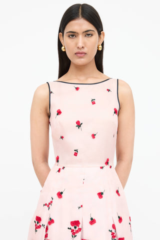 Oscar de la Renta Floral Embroidered Pleated Dress