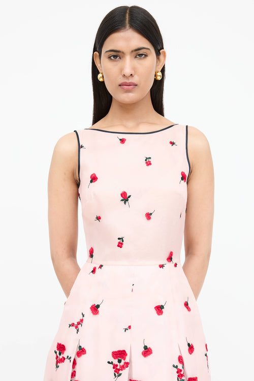 Oscar de la Renta Floral Embroidered Pleated Dress