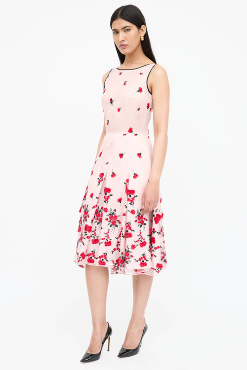 Oscar de la Renta Floral Embroidered Pleated Dress