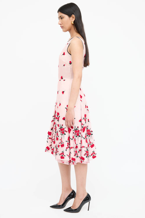 Oscar de la Renta Floral Embroidered Pleated Dress