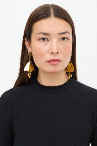 Oscar de la Renta Gold Beaded Floral Petal Earrings