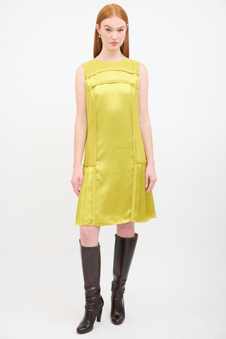 Oscar de la Renta Green Satin Pleated Panelled Scarf Dress