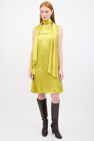 Oscar de la Renta Green Satin Pleated Panelled Scarf Dress