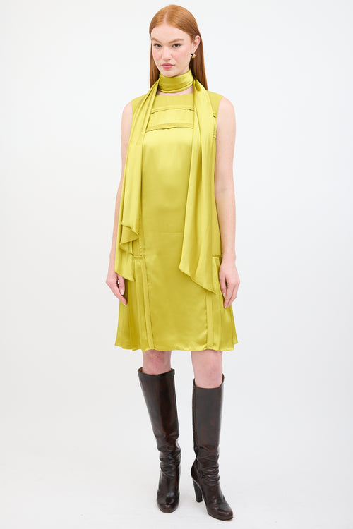 Oscar de la Renta Green Satin Pleated Panelled Scarf Dress