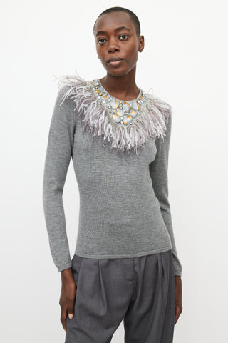 Oscar de la Renta Grey Cashmere & Silk Feather Sweater