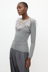 Oscar de la Renta Grey Cashmere & Silk Feather Sweater