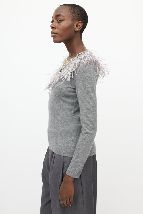 Oscar de la Renta Grey Cashmere & Silk Feather Sweater