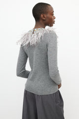 Oscar de la Renta Grey Cashmere & Silk Feather Sweater