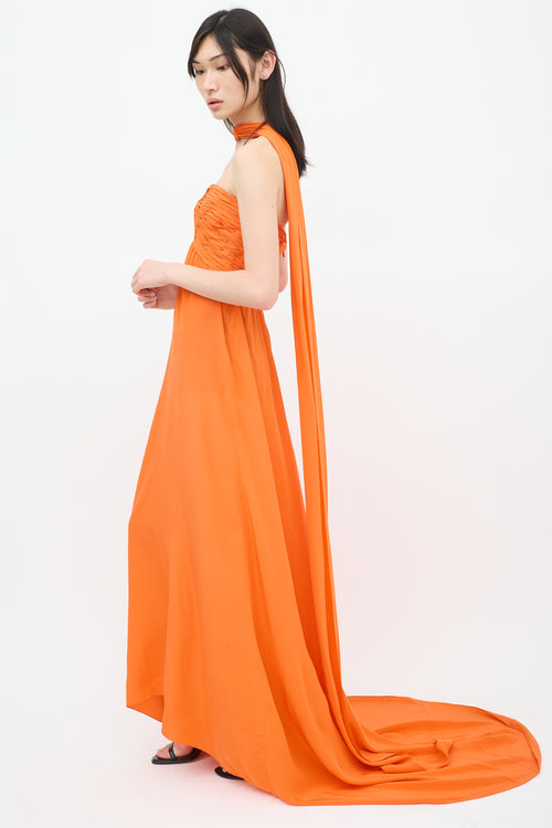 Oscar de la Renta Orange Ruched Belted Dress