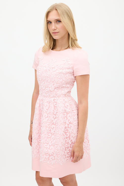 Oscar de la Renta Pink Silk & Lace A-Line Dress